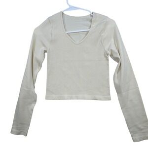QQQ Ribbed V Neck Long Sleeve Top Womens Medium Cream Cropped Seamless Aesthetic